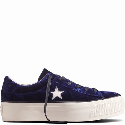 Converse One Star Platform Velvet Platform Womens - Blue/Black Shoes (890CLJDA)